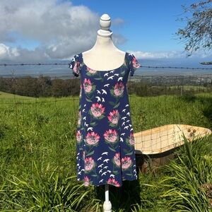 Fighting Eel Hawaii Blue Protea Bird Short Sleeve Swing Ada Dress XS